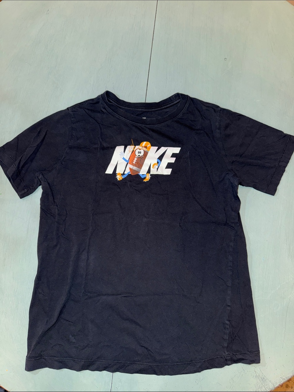 Nike Black Tee with White Logo and football Cartoon